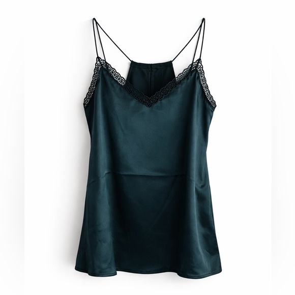 Express Tops - Express Dark Green Satin Lace-Trim Cami